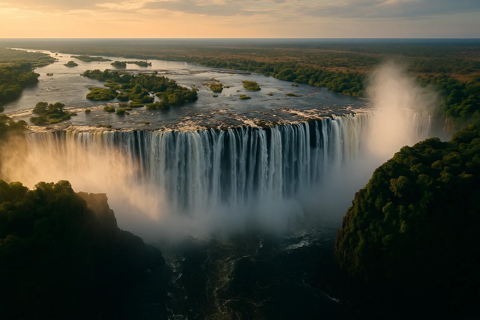 Victoria Falls with rainbow and mist