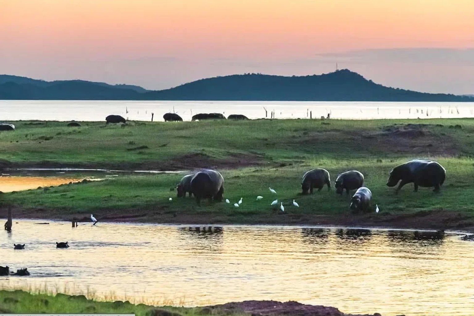 Sunset over Lake Kariba with houseboats